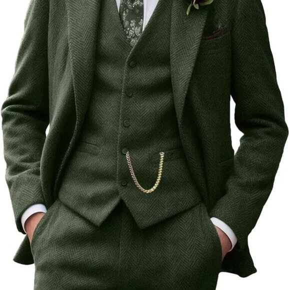 Retro Tweed Men's Suit 3 Piece Slim Fit Herringbone Suits Groom Tuxedos Set Wedd